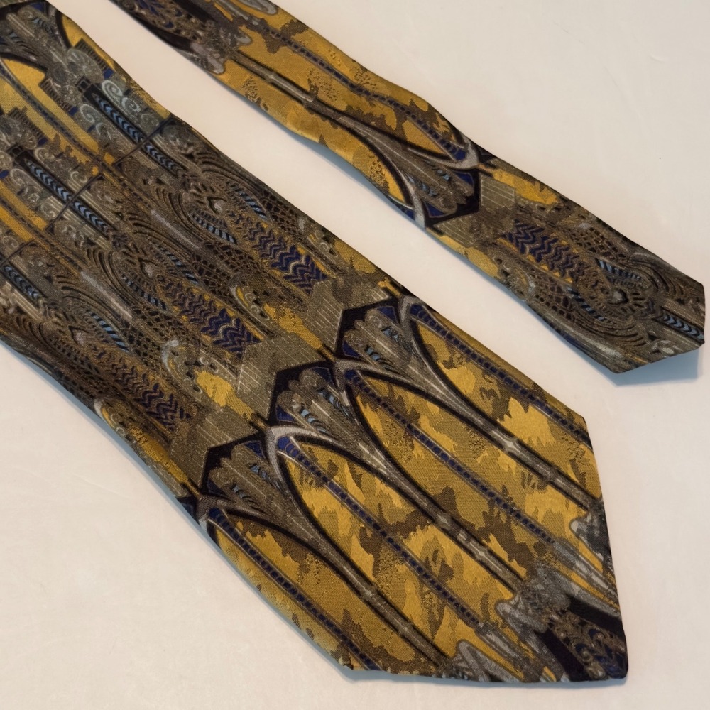 Fratelli Silk Tie Yellow Grey Gothic Arch Handmade Italy Vintage 59x3.5 Mens